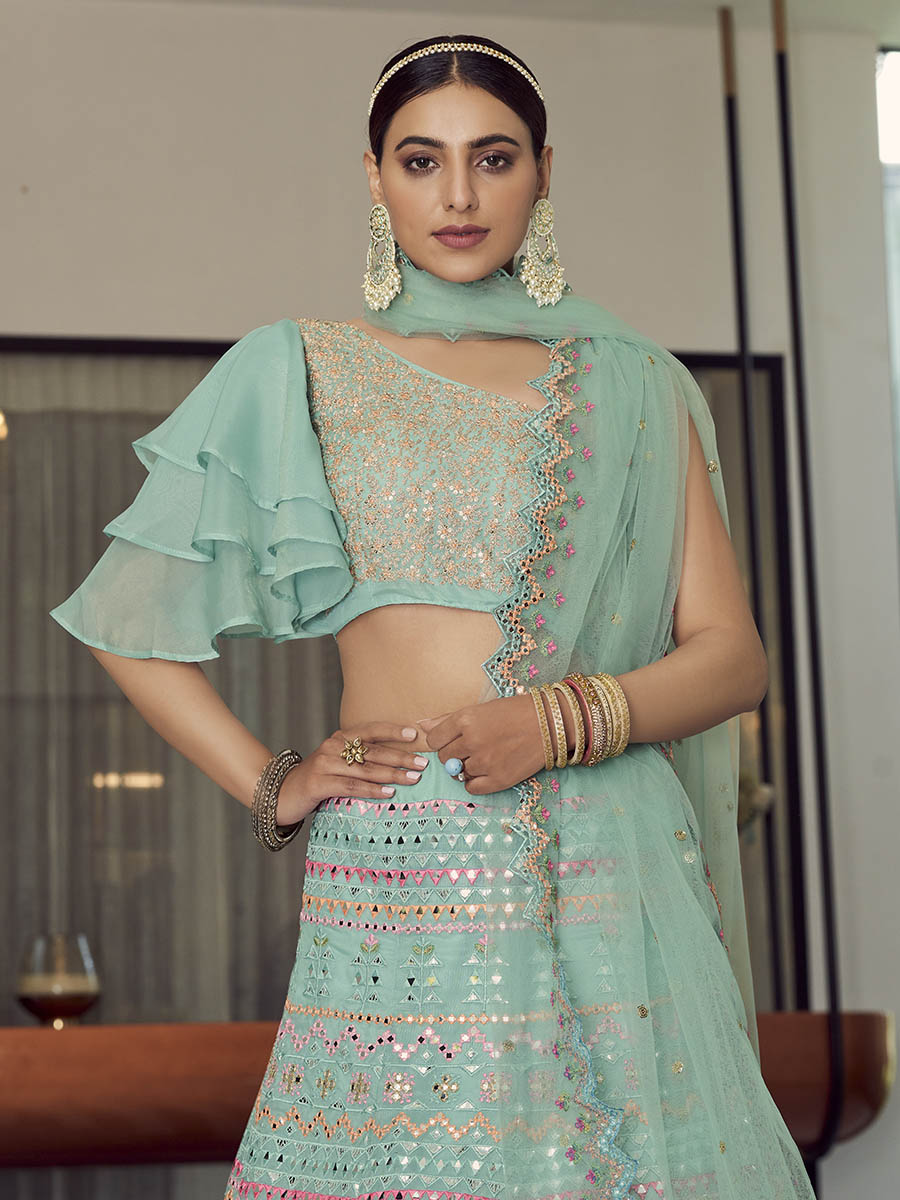 Myra Turquoise Organza Floral Print Embroidered Designer Lehenga | Grocsy