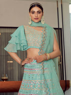 Myra Turquoise Organza Floral Print Embroidered Designer Lehenga | Grocsy