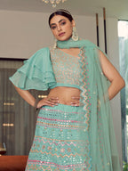 Myra Turquoise Organza Floral Print Embroidered Designer Lehenga | Grocsy