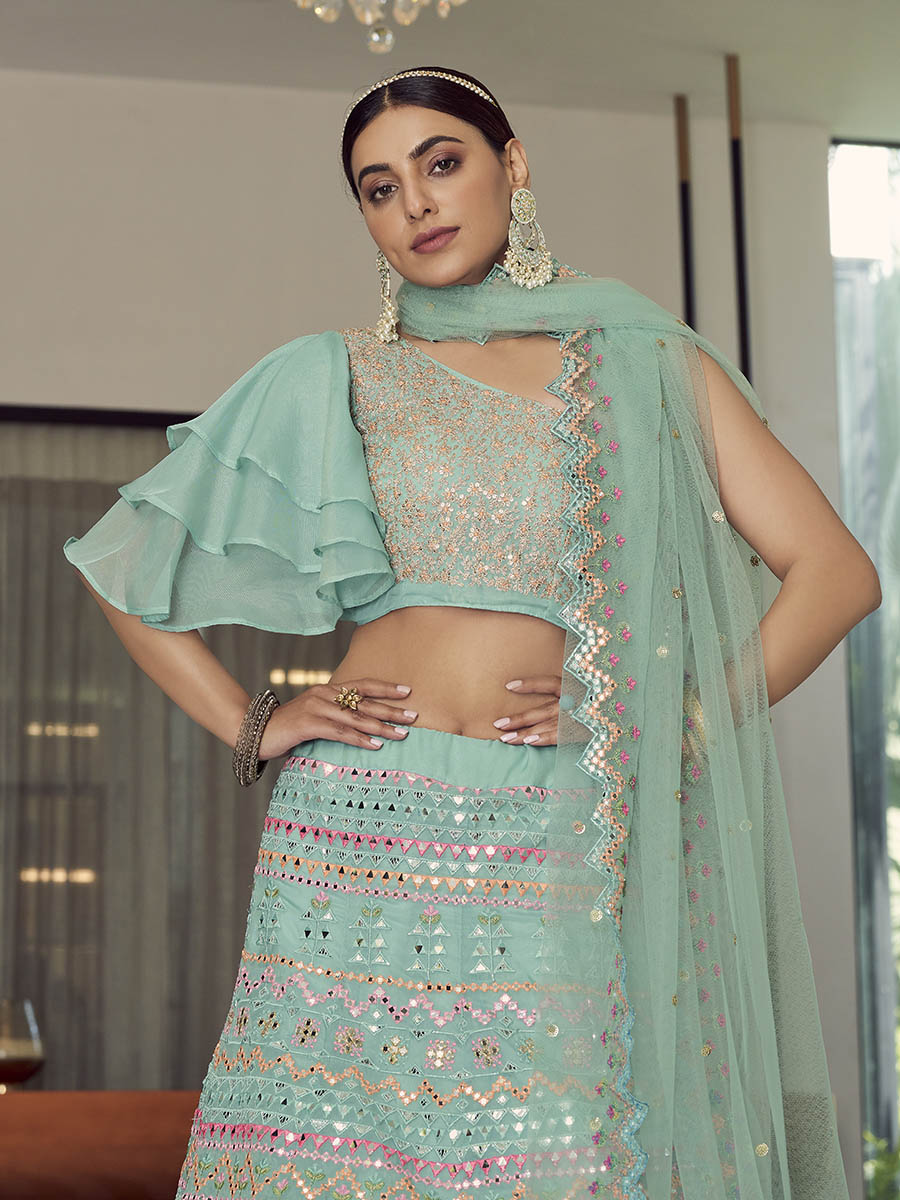 Myra Turquoise Organza Floral Print Embroidered Designer Lehenga | Grocsy