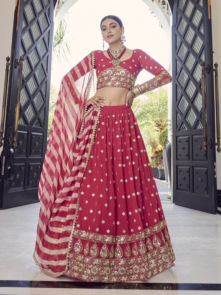 Myra Coral Red Georgette Embroidered Designer Lehenga | Grocsy
