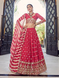 Myra Coral Red Georgette Embroidered Designer Lehenga | Grocsy