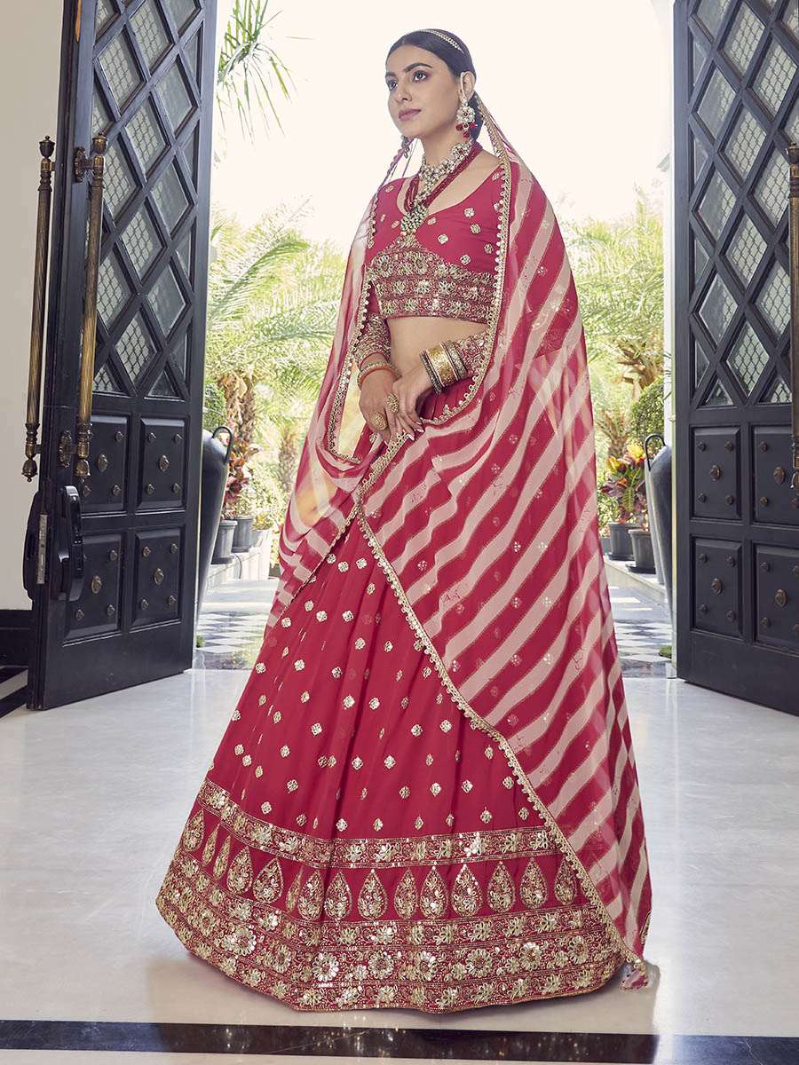 Myra Coral Red Georgette Embroidered Designer Lehenga | Grocsy