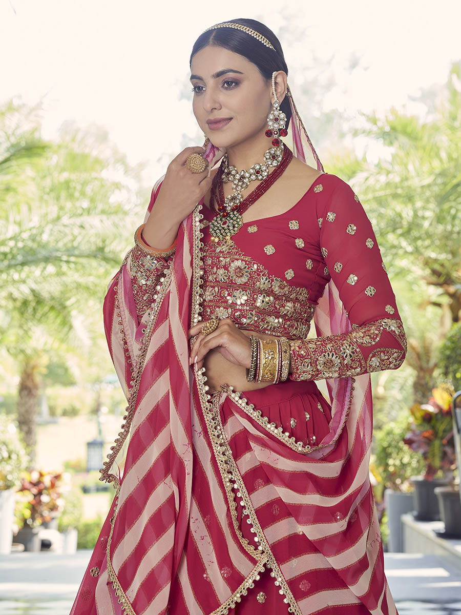 Myra Coral Red Georgette Embroidered Designer Lehenga | Grocsy