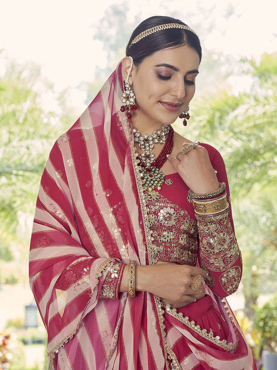 Myra Coral Red Georgette Embroidered Designer Lehenga | Grocsy