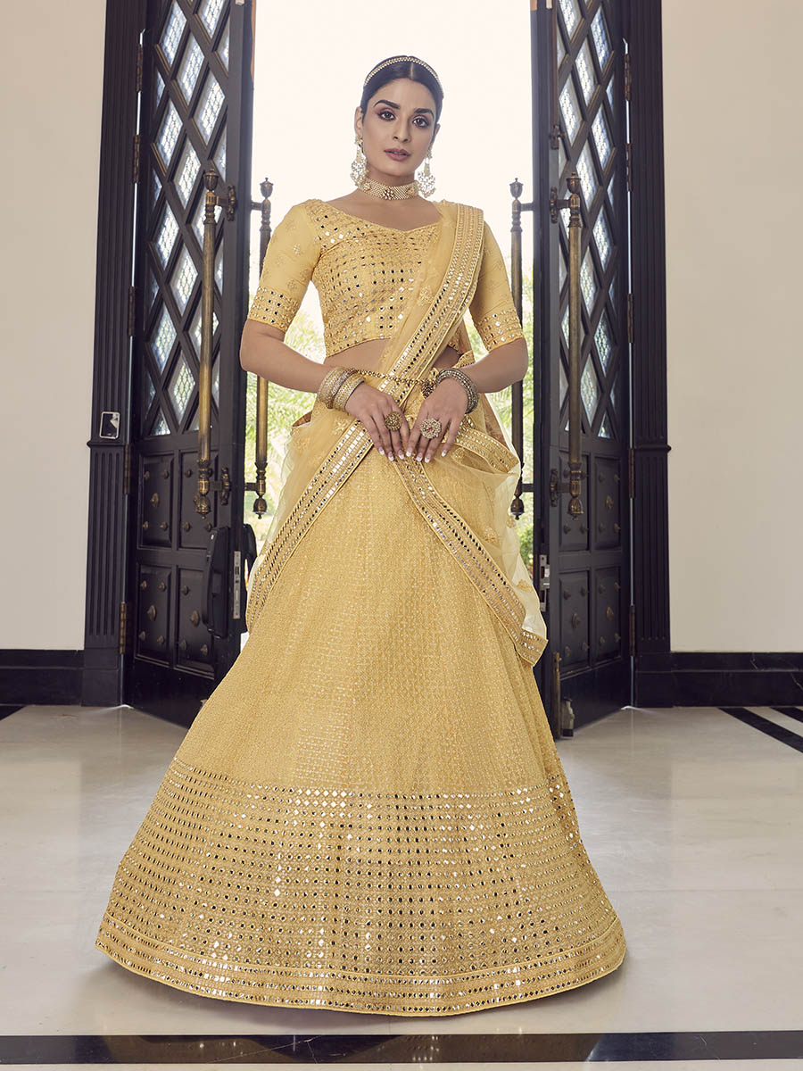 Myra Yellow Georgette Embroidered Designer Lehenga | Grocsy