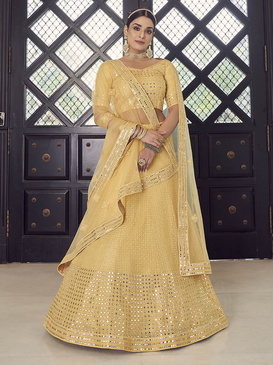 Myra Yellow Georgette Embroidered Designer Lehenga | Grocsy