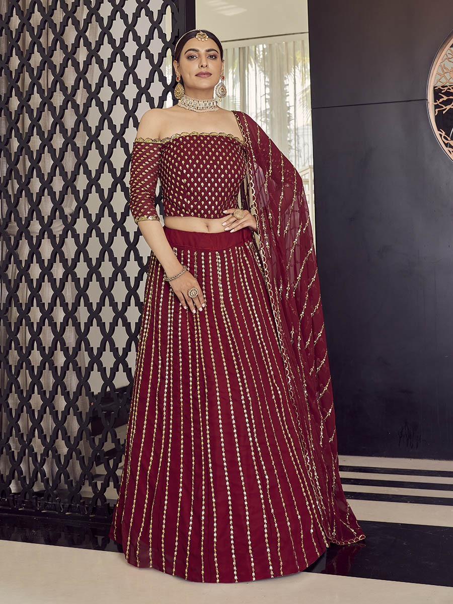 Myra Maroon Georgette Embroidered Designer Lehenga | Grocsy