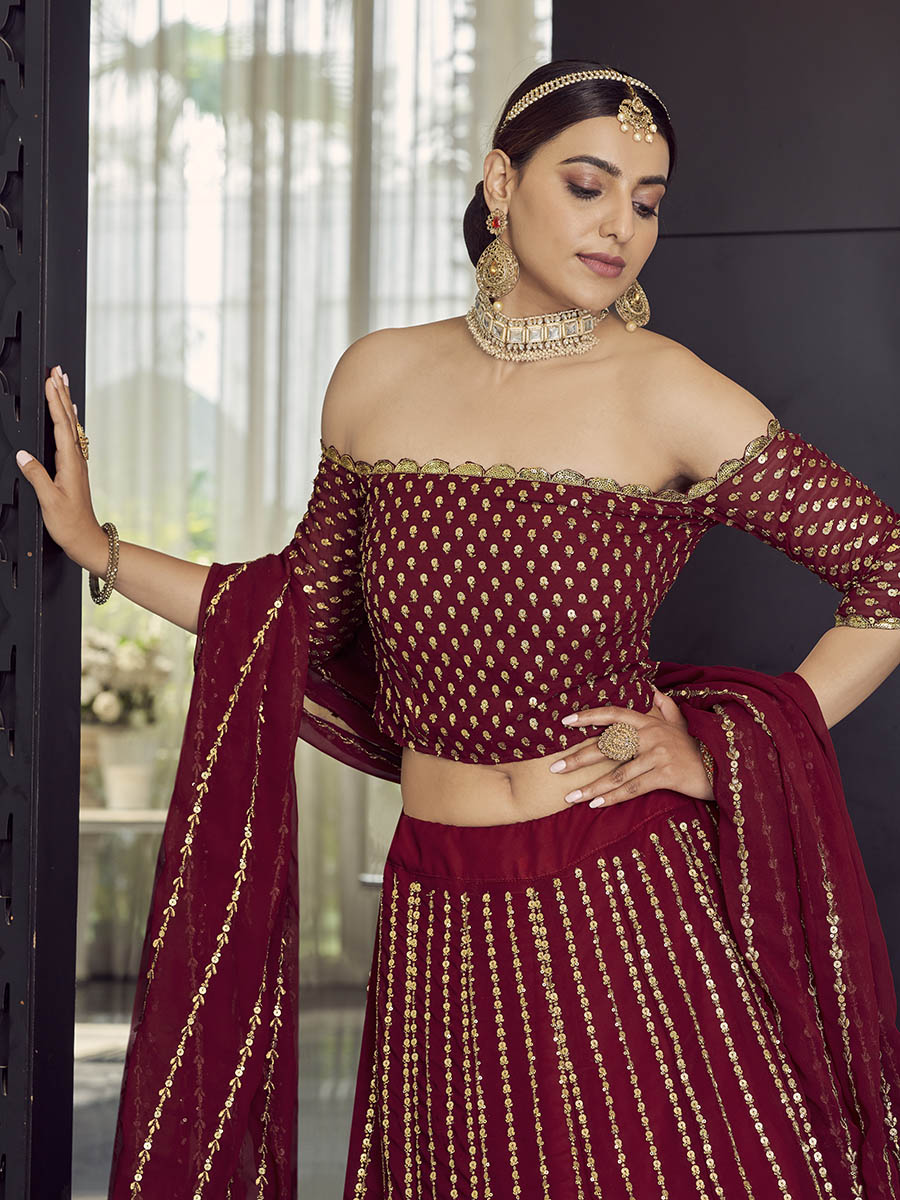 Myra Maroon Georgette Embroidered Designer Lehenga | Grocsy