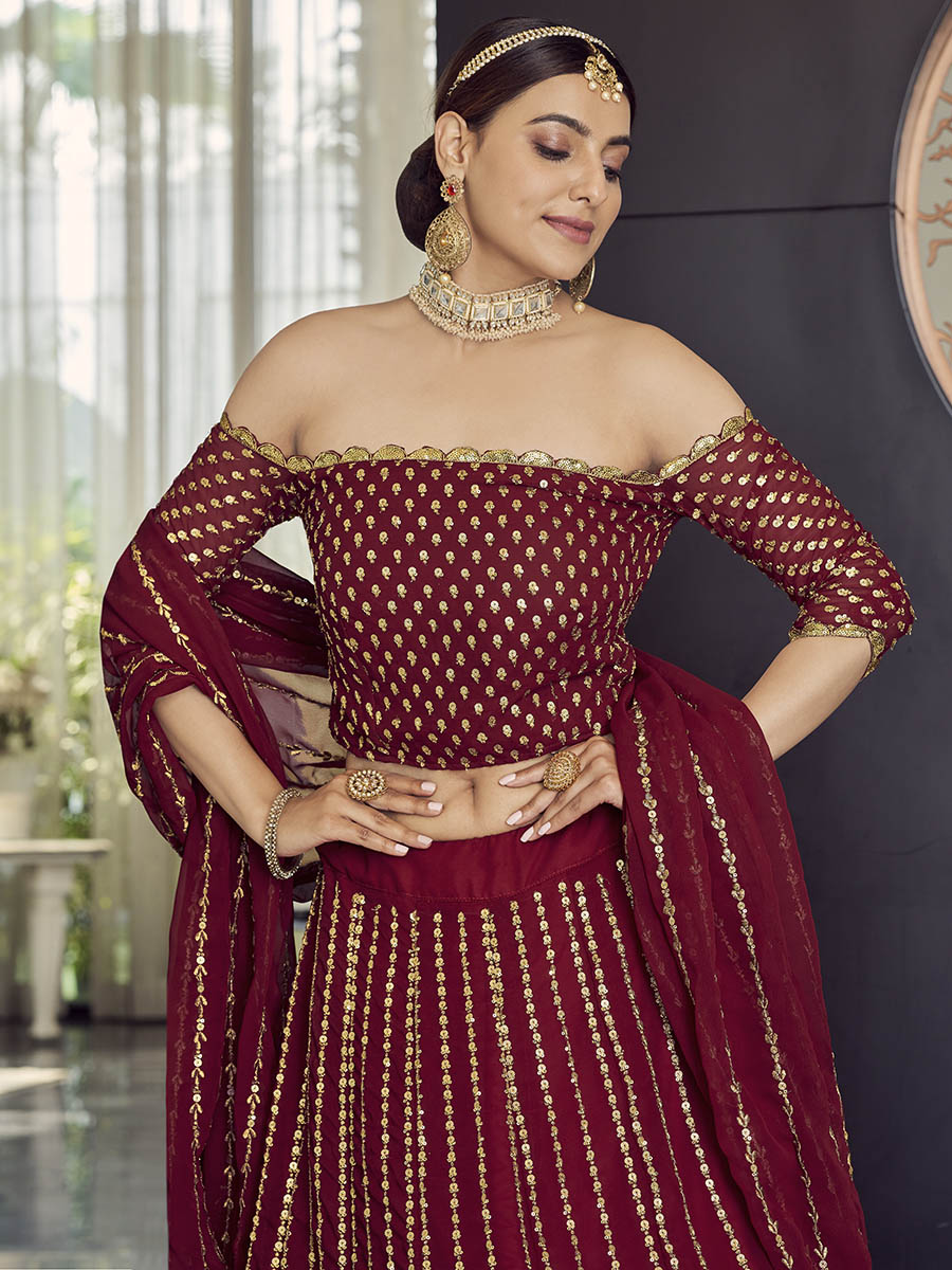 Myra Maroon Georgette Embroidered Designer Lehenga | Grocsy