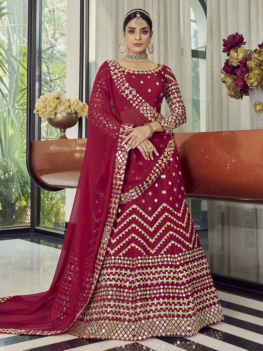 Myra Coral Red Georgette Embroidered Designer Lehenga | Grocsy