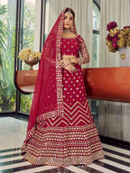 Myra Coral Red Georgette Embroidered Designer Lehenga | Grocsy