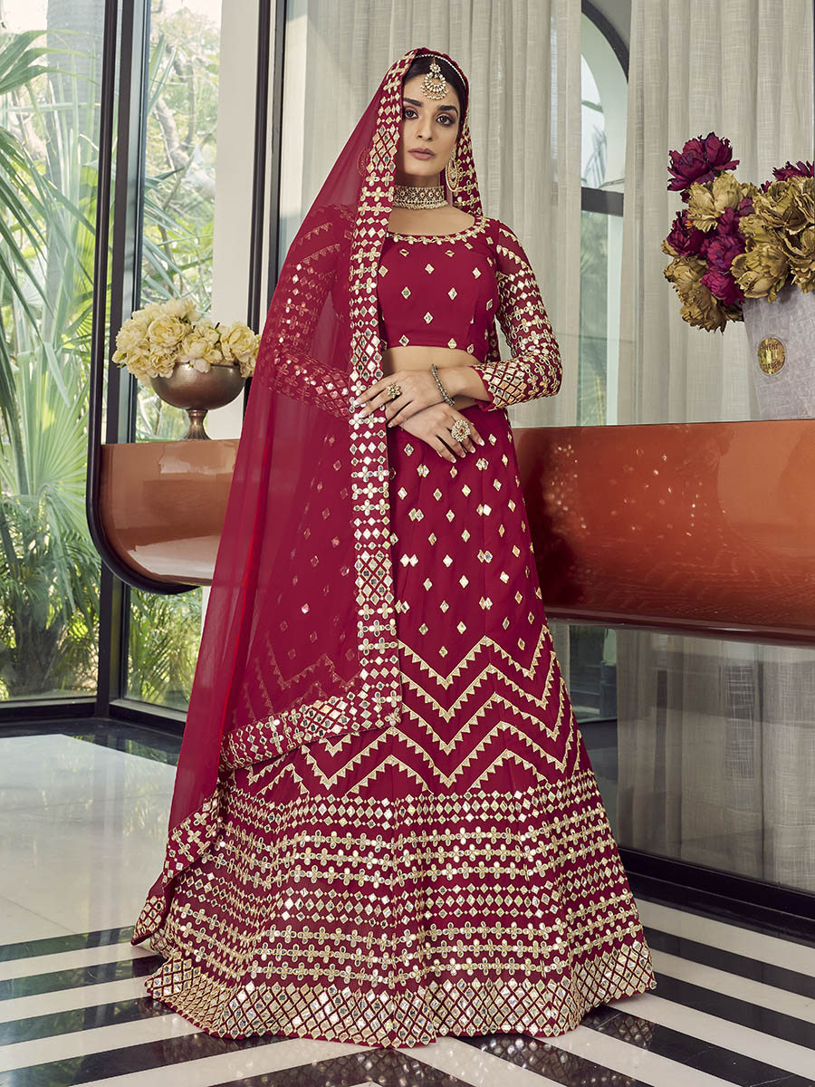 Myra Coral Red Georgette Embroidered Designer Lehenga | Grocsy