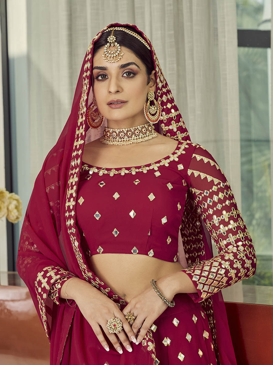 Myra Coral Red Georgette Embroidered Designer Lehenga | Grocsy