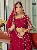 Myra Coral Red Georgette Embroidered Designer Lehenga | Grocsy