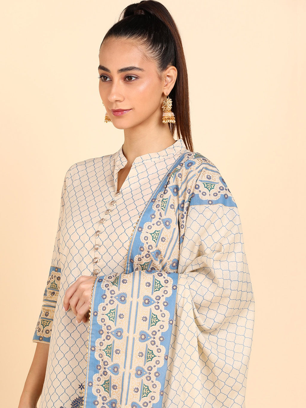 HERE&NOW Women Blue Floral Printed Pure Cotton Kurta with Trousers & With Dupatta | Grocsy