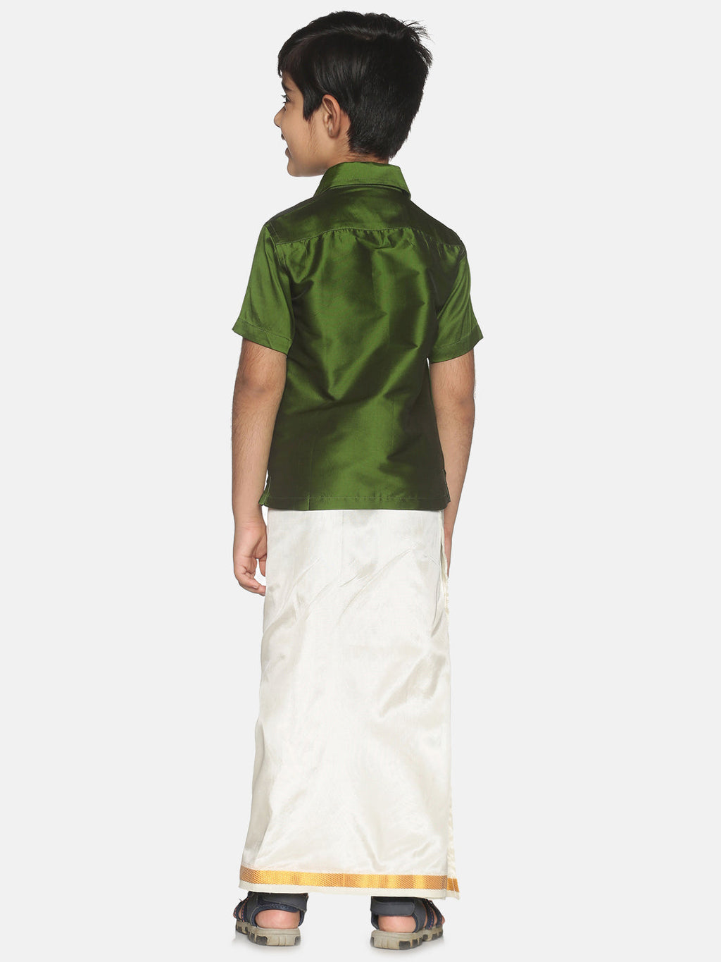Sethukrishna Boys Green Shirt & Cream-Coloured & Zari Border Veshti Set | Grocsy