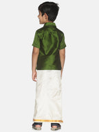 Sethukrishna Boys Green Shirt & Cream-Coloured & Zari Border Veshti Set | Grocsy