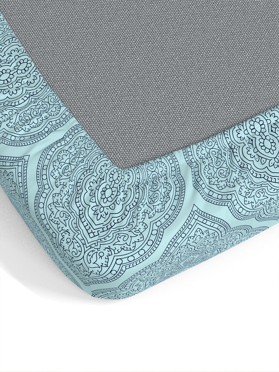 Dreamscape Blue Ethnic Motifs 140 TC Fitted Cotton King Bedsheet & Pillow Covers | Grocsy