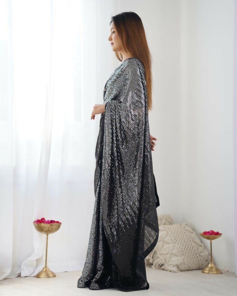 Black Georgette Designer Sequence Embroidery Work Saree - Radhe | Grocsy