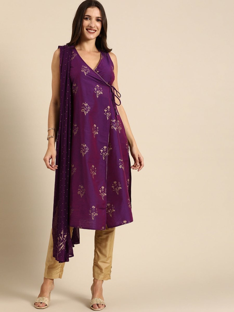 All About You Women Purple Ethnic Motifs Foil Printed Angrakha Kurta Set | Grocsy