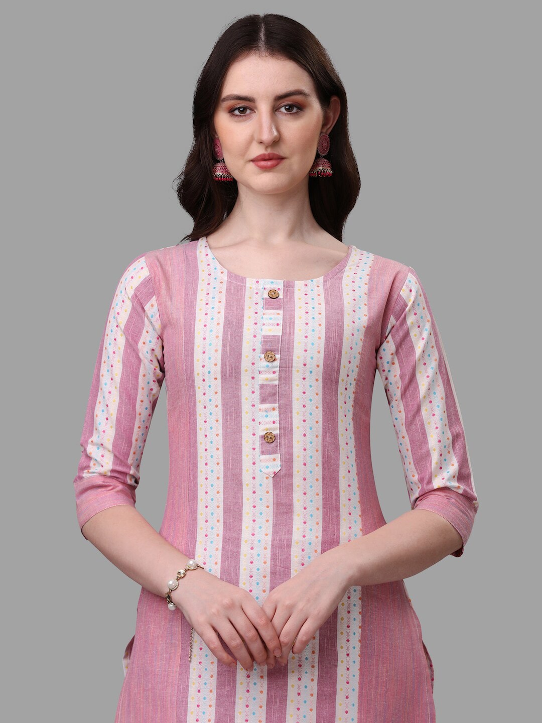HERE&NOW Pink & White Striped Pure Cotton Kurta With Trousers & Dupatta | Grocsy