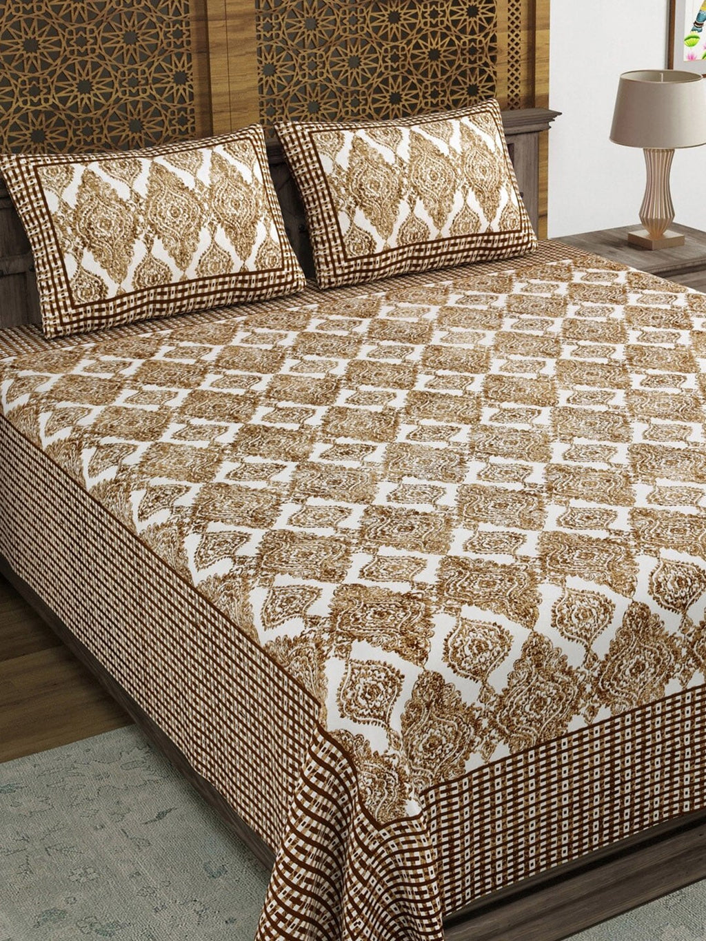 Sangria Brown & White Printed Cotton 210TC Double King Bedsheet With 2 Pillow Covers | Grocsy
