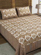 Sangria Brown & White Printed Cotton 210TC Double King Bedsheet With 2 Pillow Covers | Grocsy