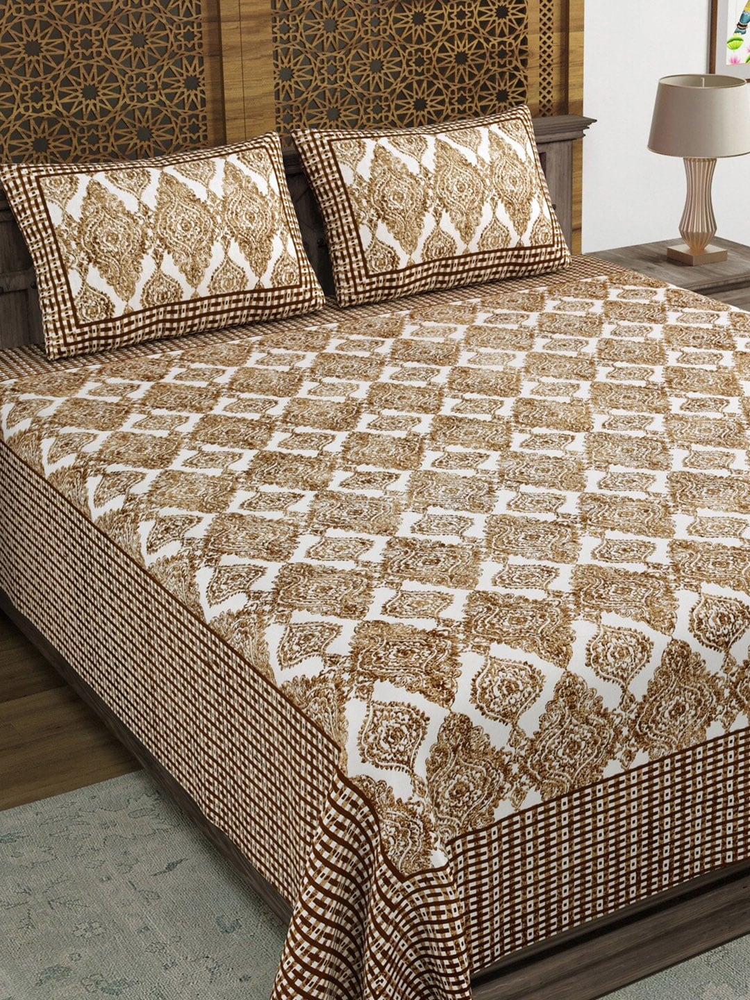 Sangria Brown & White Printed Cotton 210TC Double King Bedsheet With 2 Pillow Covers | Grocsy