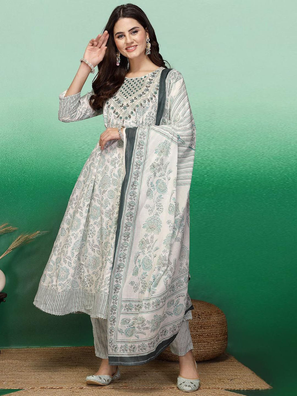 Sangria White & Green Floral Printed A-Line Kurta With Trouser & Dupatta | Grocsy