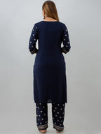 HERE&NOW Navy Blue Ethnic Motifs Printed Kurta with Trousers | Grocsy