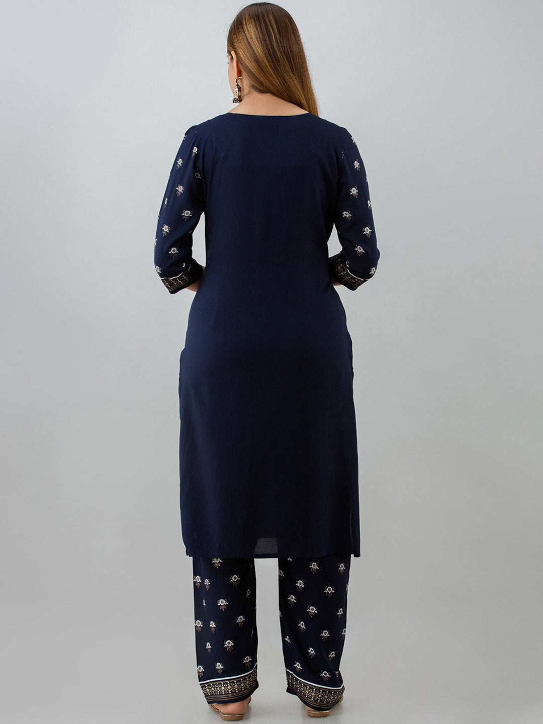 HERE&NOW Navy Blue Ethnic Motifs Printed Kurta with Trousers | Grocsy