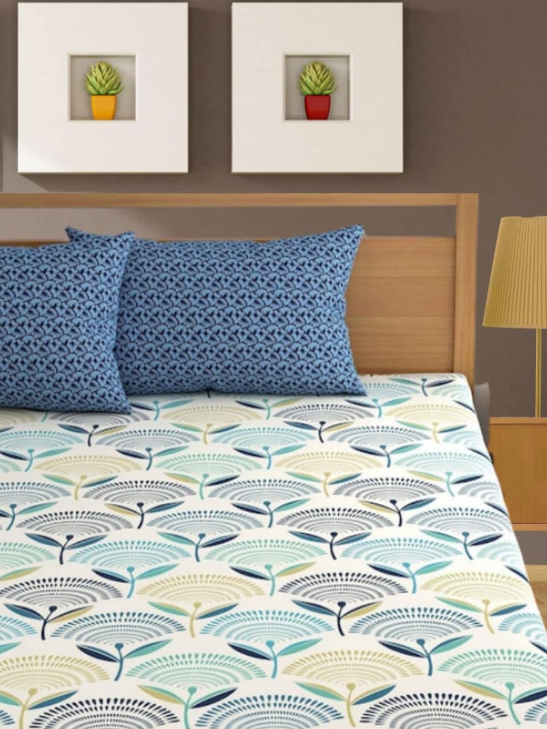 Bajo's White & Green Ethnic Motifs 350 TC Cotton King Bedsheet with 2 Pillow Covers | Grocsy