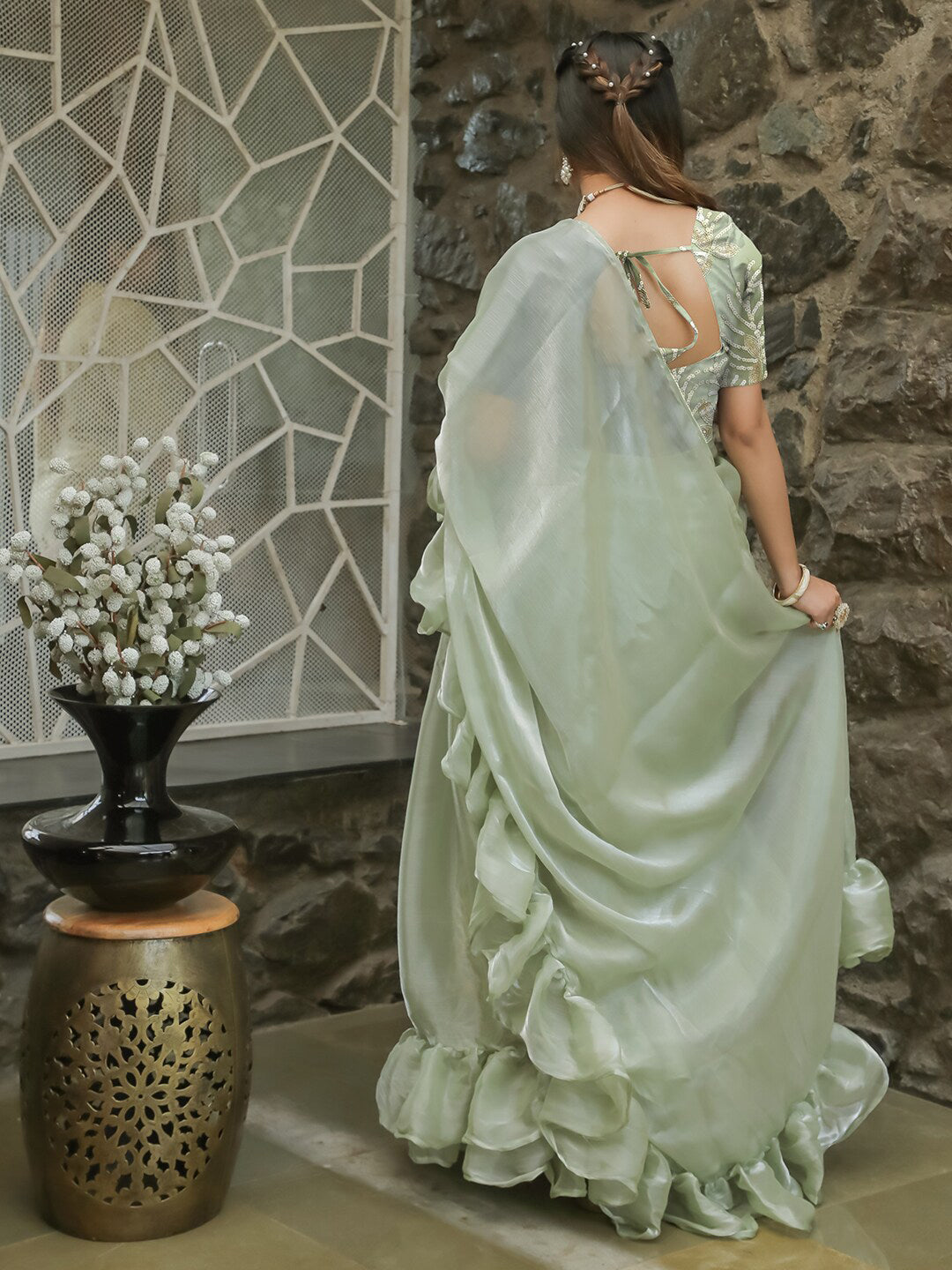 Tikhi Imli Embellished Sequinned Ruffled Ready to Wear Satin Saree | Grocsy
