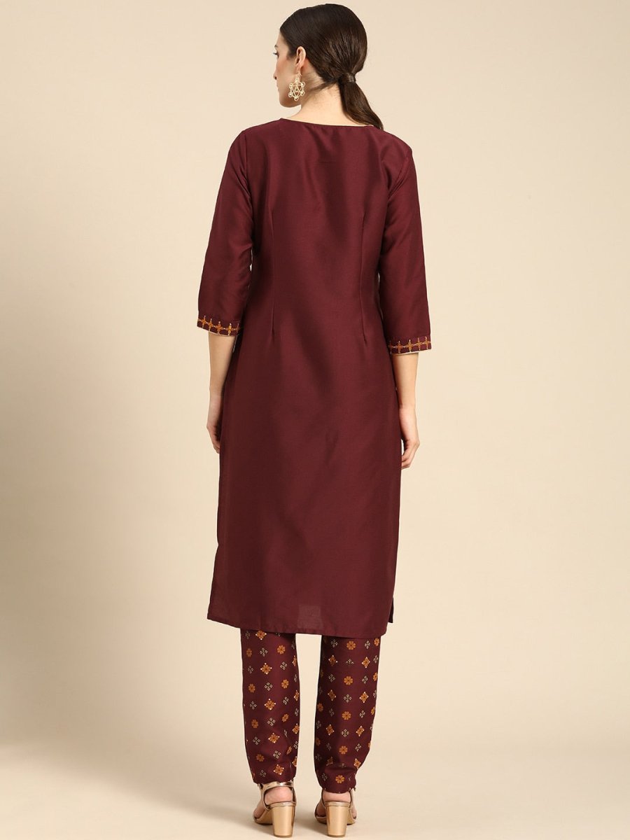 All About You Women Maroon Floral Yoke Design Regular Kurta with Trousers | Grocsy