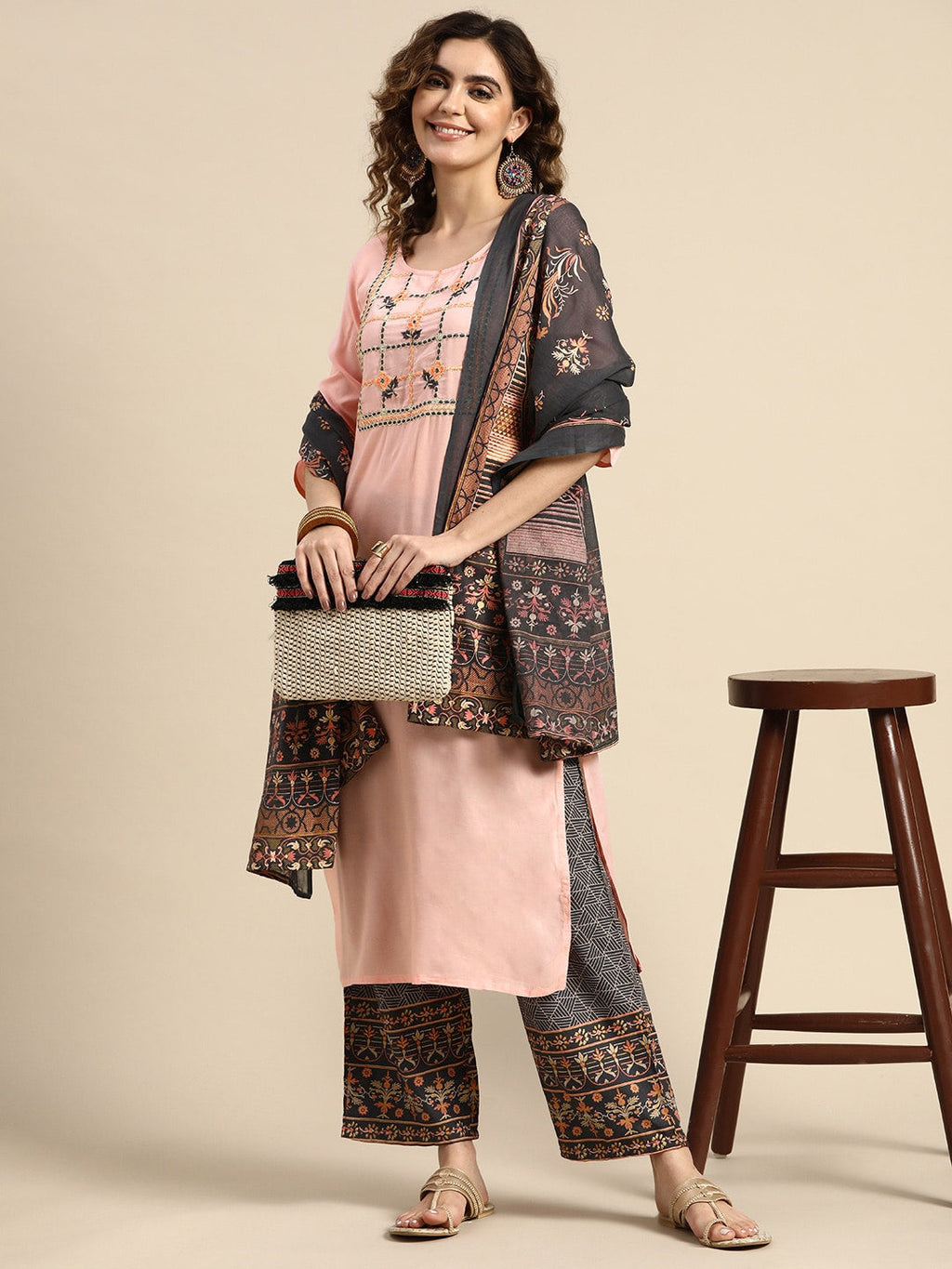 Sangria Women Floral Embroidered Thread Work Chanderi Silk Kurta With Palazzos & Dupatta | Grocsy