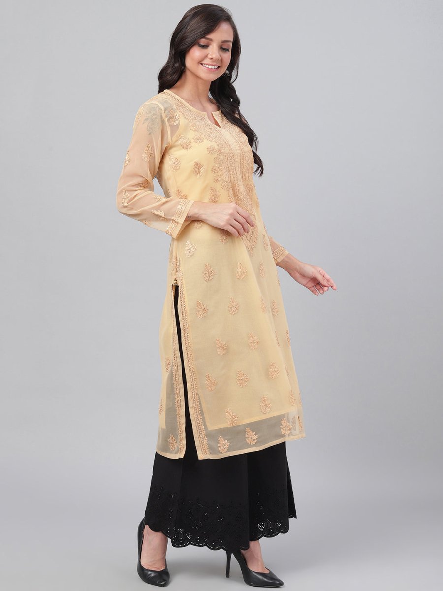 ADA Women Beige Chikankari Hand Embroidered Straight Sustainable Handloom Kurta With Slip | Grocsy