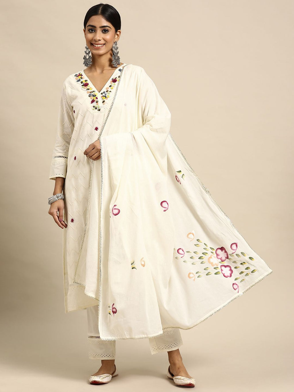 Sangria Women Embroidered Thread Work Pure Cotton Kurta with Trousers & With Dupatta | Grocsy