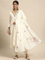 Sangria Women Embroidered Thread Work Pure Cotton Kurta with Trousers & With Dupatta | Grocsy