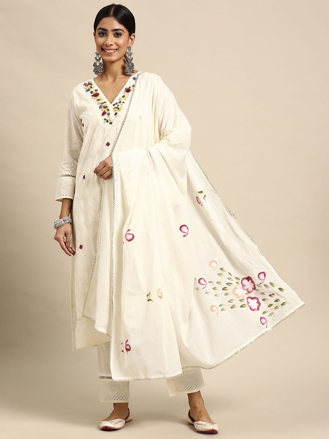 Sangria Women Embroidered Thread Work Pure Cotton Kurta with Trousers & With Dupatta | Grocsy