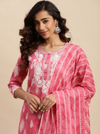 Sangria Ethnic Motifs Printed Thread Work Pure-Cotton A-Line Kurta With Trouser & Dupatta | Grocsy