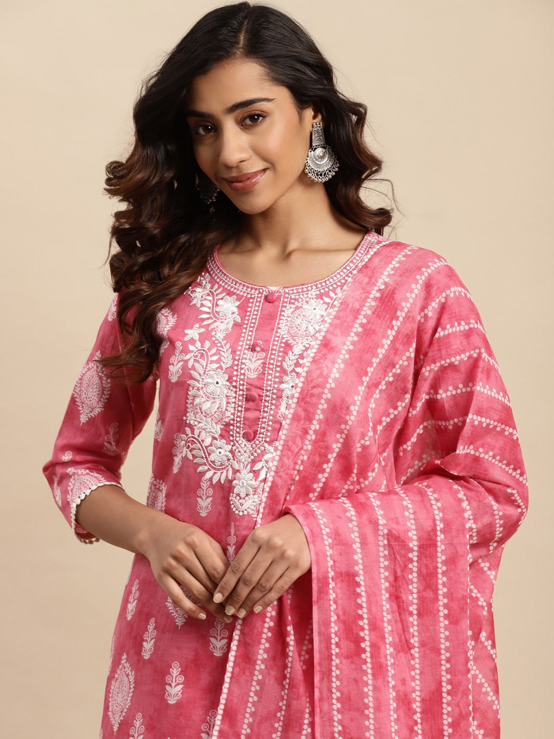 Sangria Ethnic Motifs Printed Thread Work Pure-Cotton A-Line Kurta With Trouser & Dupatta | Grocsy