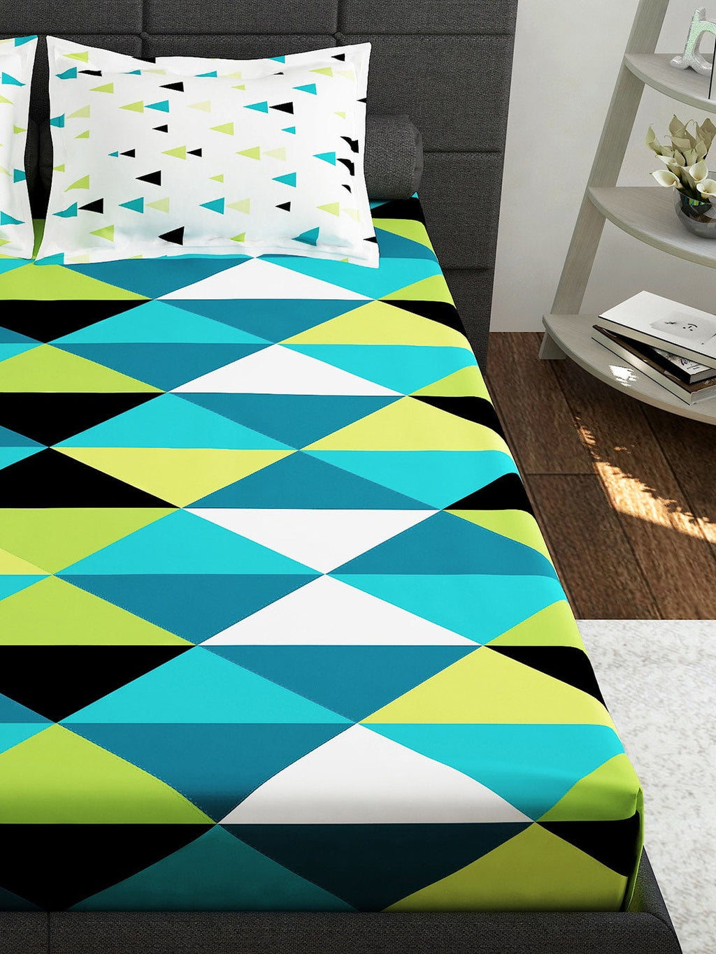 Story@home Ventura Teal & Black Geometric 152 TC Cotton Queen Bedsheet & 2 Pillow Covers | Grocsy