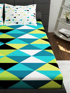 Story@home Ventura Teal & Black Geometric 152 TC Cotton Queen Bedsheet & 2 Pillow Covers | Grocsy