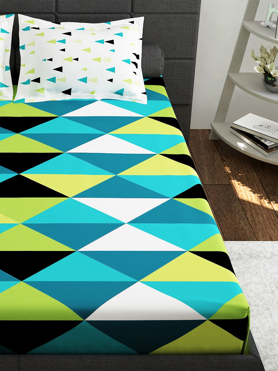 Story@home Ventura Teal & Black Geometric 152 TC Cotton Queen Bedsheet & 2 Pillow Covers | Grocsy