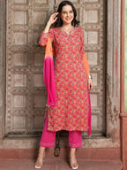 Sangria Floral Printed Gotta Patti Pure Cotton Straight Kurta with Trousers & Dupatta | Grocsy