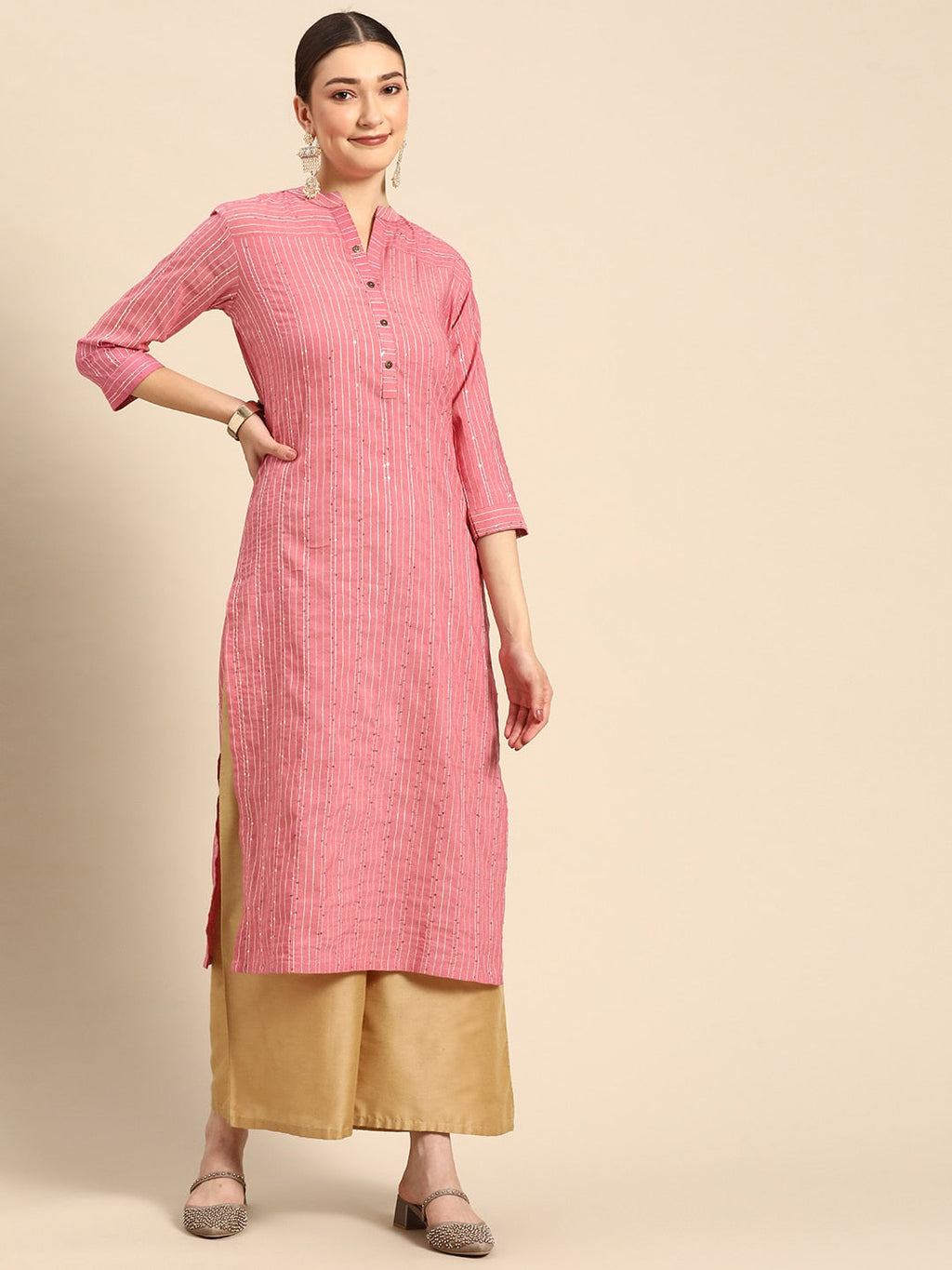 Sangria Women Peach-Coloured & White Striped Mandarin Collar Kurta | Grocsy