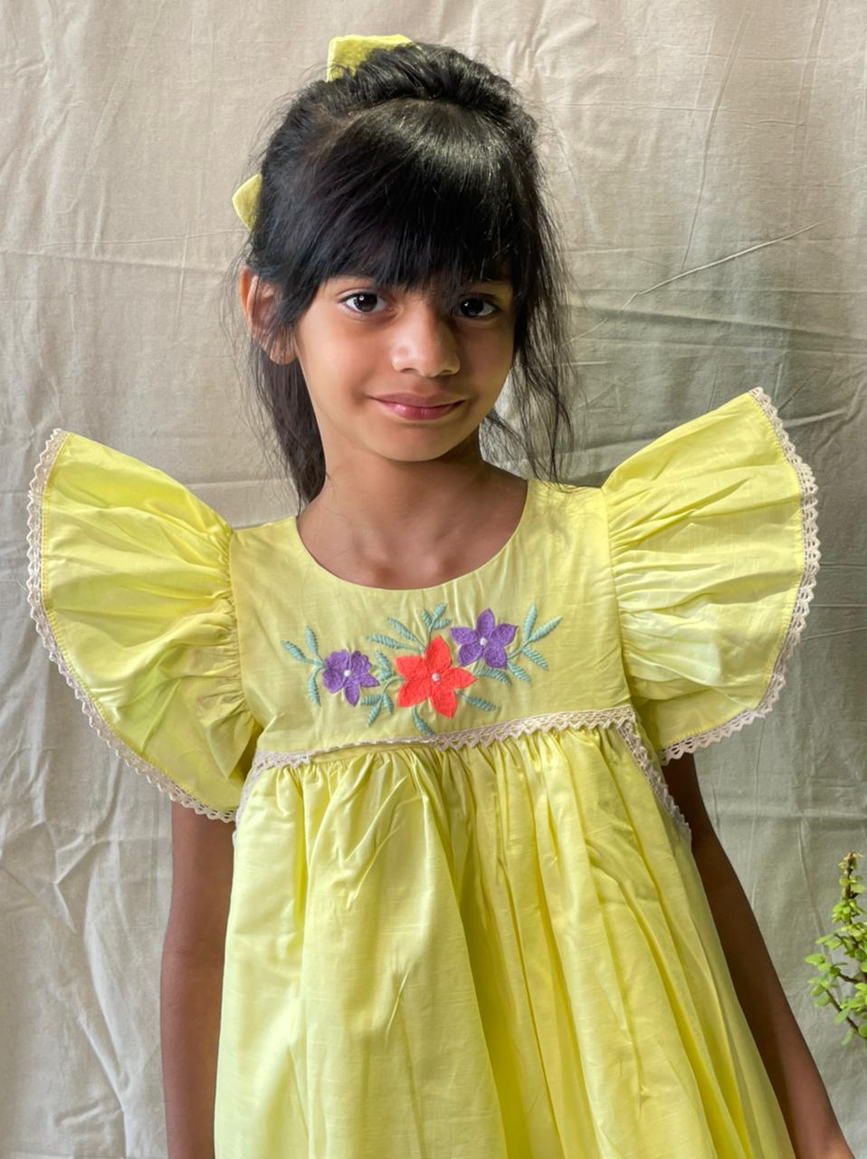 ArthLife Yellow Flower Embroidered Lace Dress | Grocsy