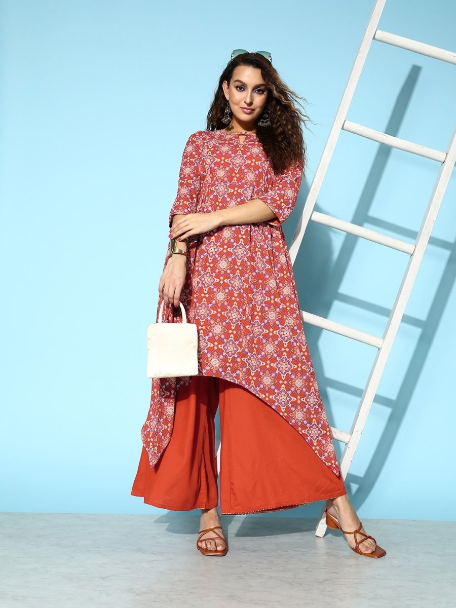 All About You Brick Red Printed Dipped Hem Veere Di Wedding A-Line Kurta with Palazzos | Grocsy