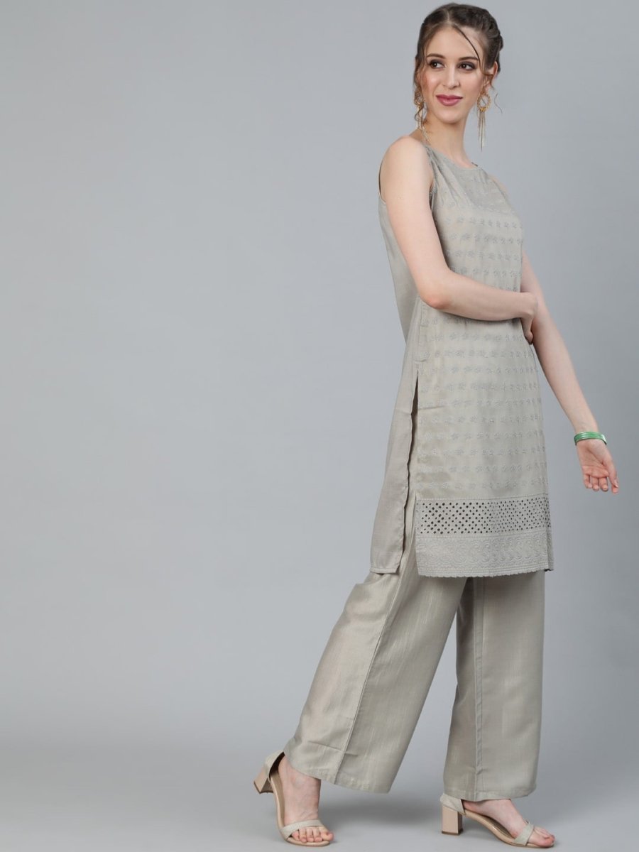 Aks Floral Embroidered Thread Work Sleeveless Kurta With Palazzos | Grocsy